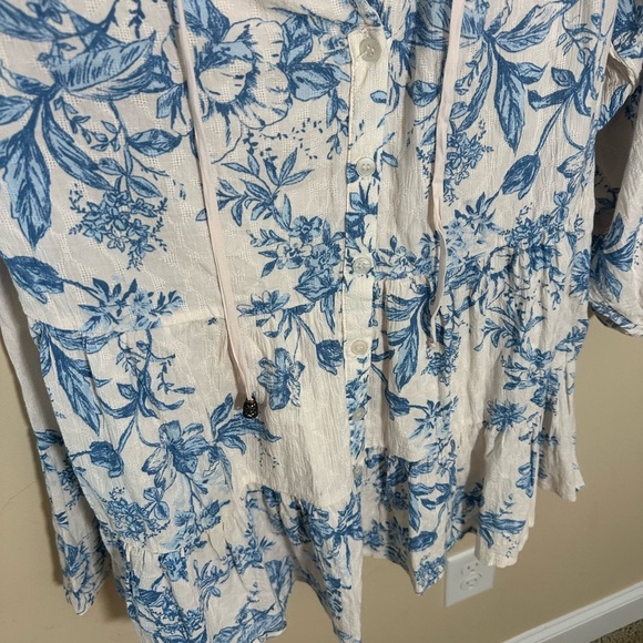 Free People Sunbaked Swing Mini Dress  Tea Combo Floral Tie Neck Ruffled size S - Picture 7 of 9